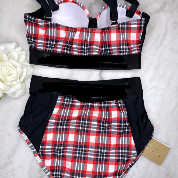 Red Plaid Bustier High Waisted Bikini S - Picture 2 of 2
